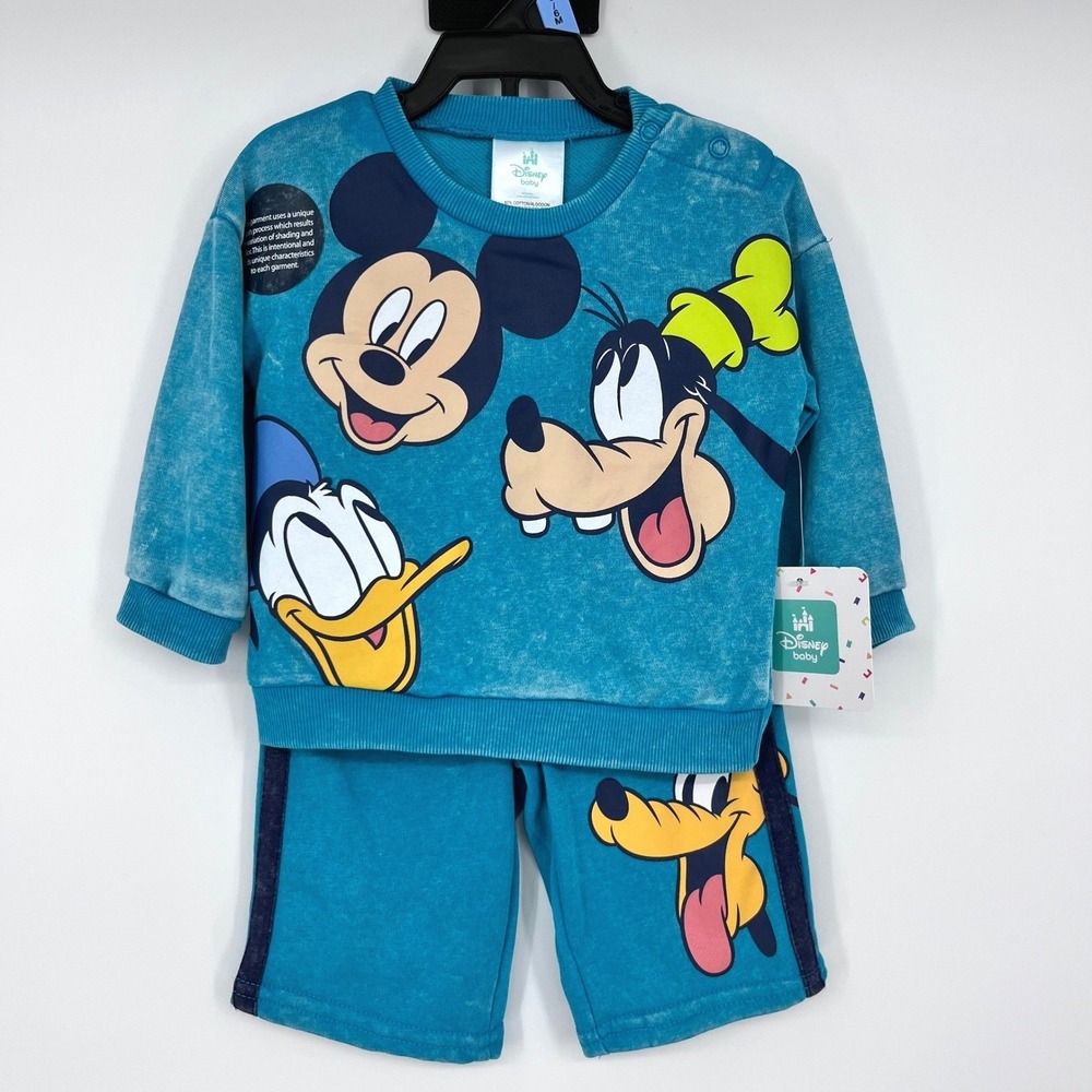 Disney Baby Sweatshirt Shorts Set Baby 0-3M Teal Mickey Mouse Donald Goofy Pluto